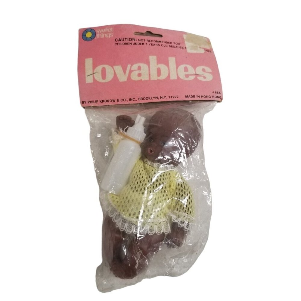 Vintage Doll Lovables in Packaging Hong Kong Vinyl African American with Bottle